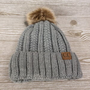 C.C. EXCLUSIVES 100% ACRYLIC GREY WINTER HAT CAP POM POM BEANIE WOMENS